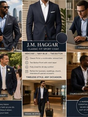 J.M. Haggar Blazer Sport Coat Men 46R Navy Blue Classic 2 Button Business Jacket